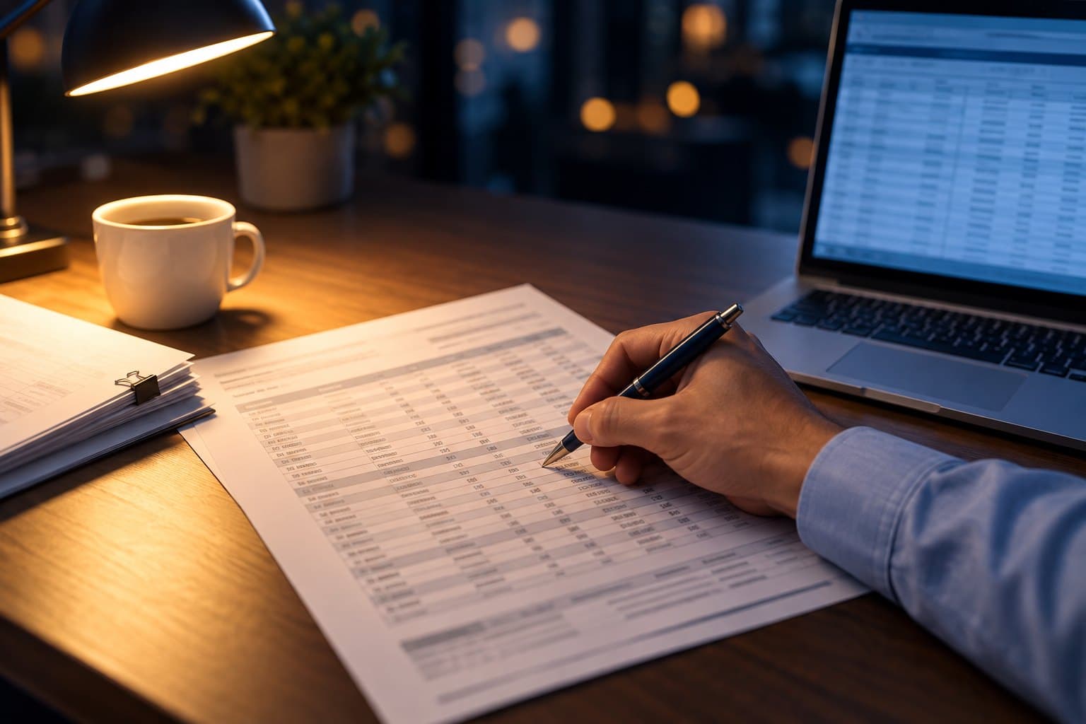 A hand ticking a line on a printed freight invoice, beside a laptop spreadsheet under a desk lamp