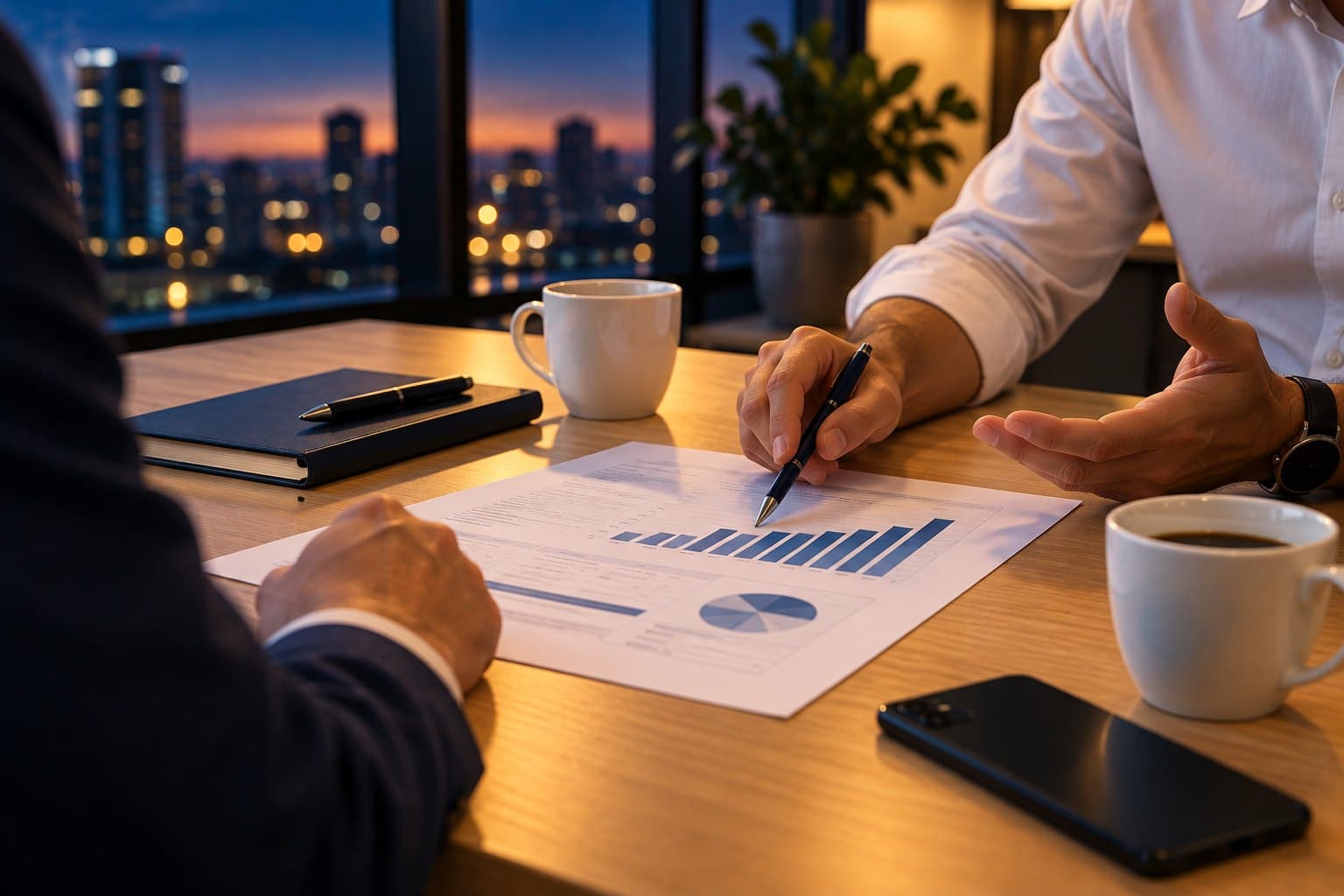Two people at a meeting table in the evening, one pointing a pen at a printed report with charts