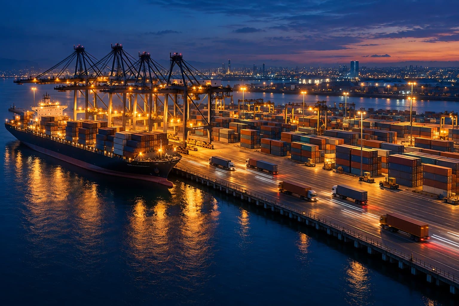 A container port at dusk, with cranes loading a ship and trucks moving along the quay