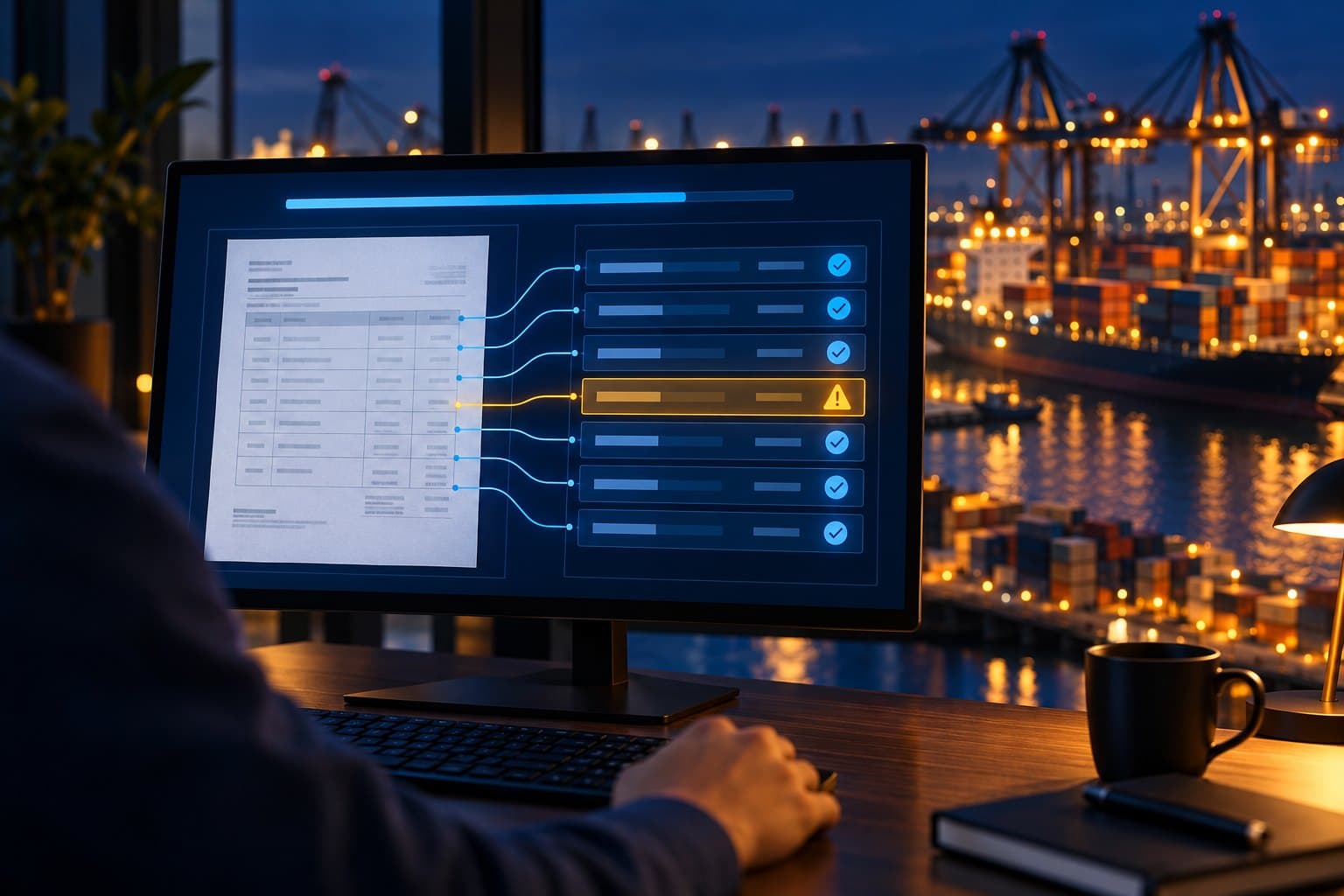 A monitor matching each line of a freight invoice to a table, with one line flagged, by a window overlooking a port at night