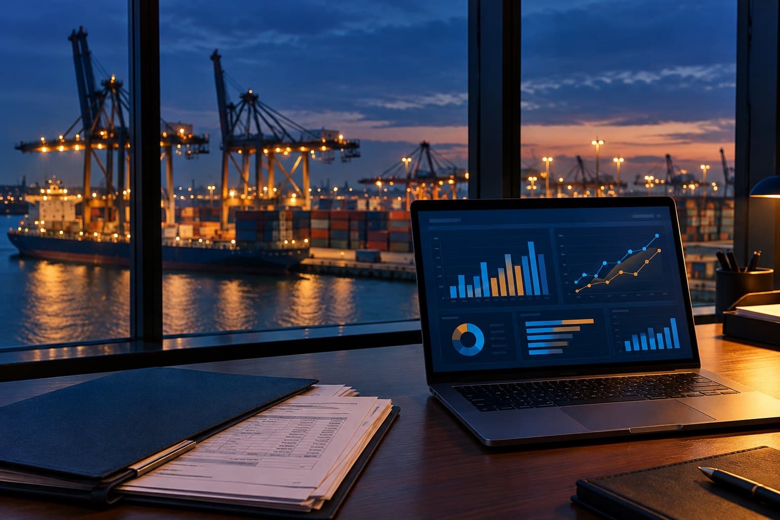A desk with shipping documents and a laptop showing charts, by a window overlooking a container port at dusk
